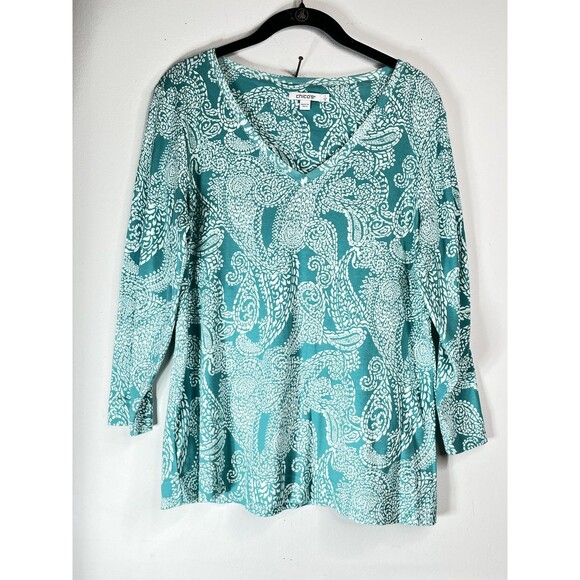 Chico's Tops - Chico's Shirt Womens Medium Green Paisley V Neck 3/4 Sleeve Pima Cotton Top